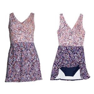 Land’s End Plus One Piece Swimsuit Dress Soft Cup Adjustable Navy Paisley 22W DD